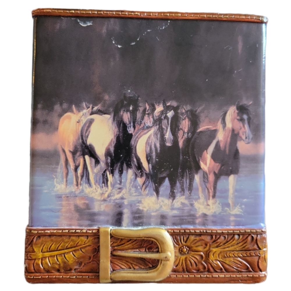 Vtg 09 Rivers Edge Kleenex Tissue Cover Box Western Belt Leather Look Wild Horse